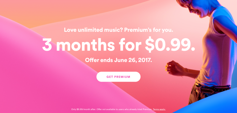 3 meses de Spotify Premium, $1. Solo para nuevos miembros de Premium.